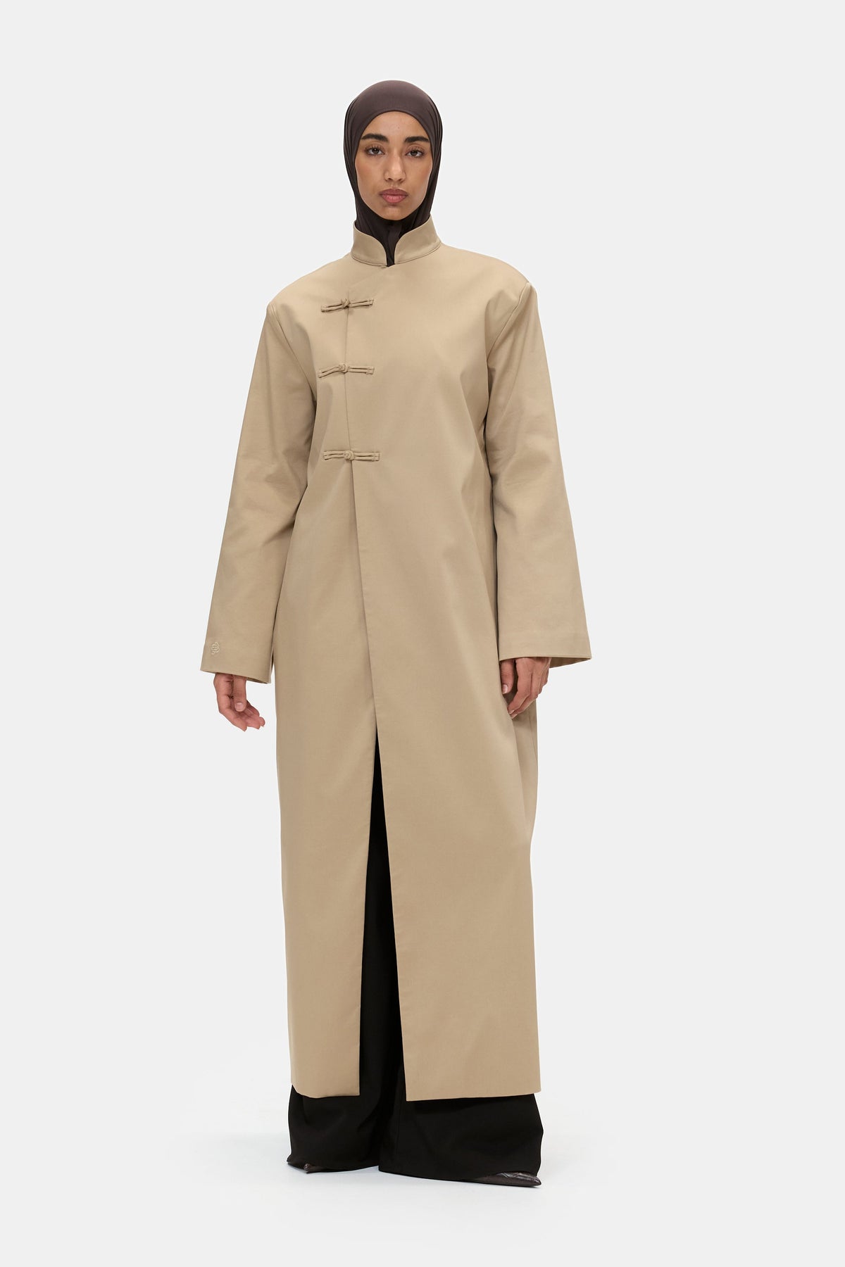 The Asymmetric Long Coat in Camel, front