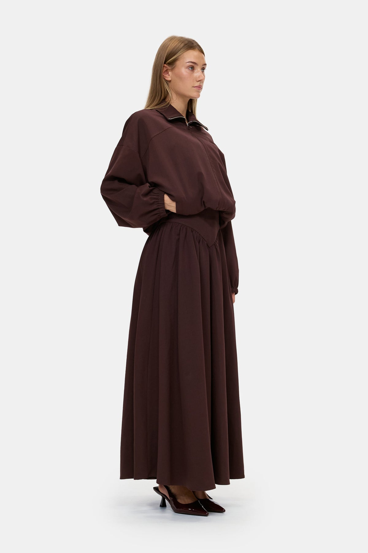 The Sculpted Jacket in Chocolate Brown, three quarter view