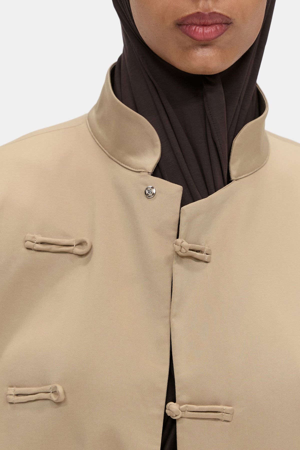 The Asymmetric Long Coat in Camel, collar detail