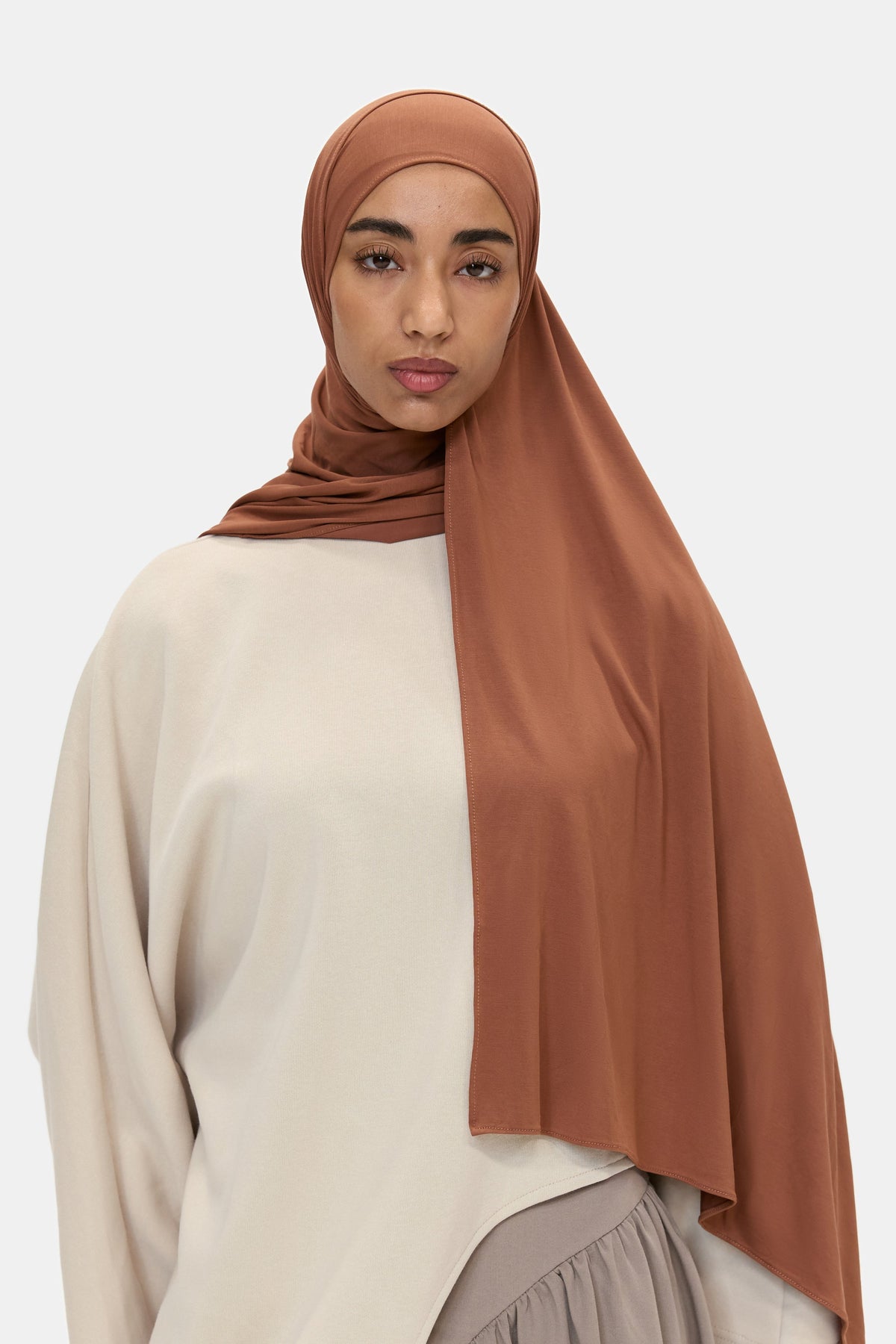 Airy Jersey Scarf in Rusty Brown, draped