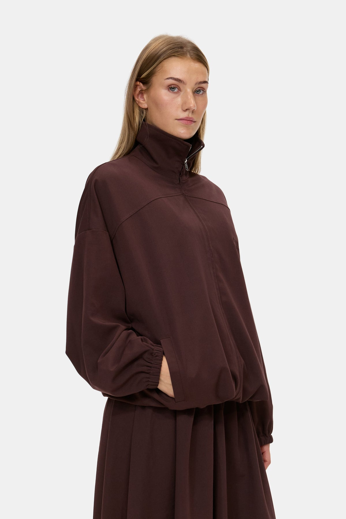 The Sculpted Jacket in Chocolate Brown, collar and sleeve detail