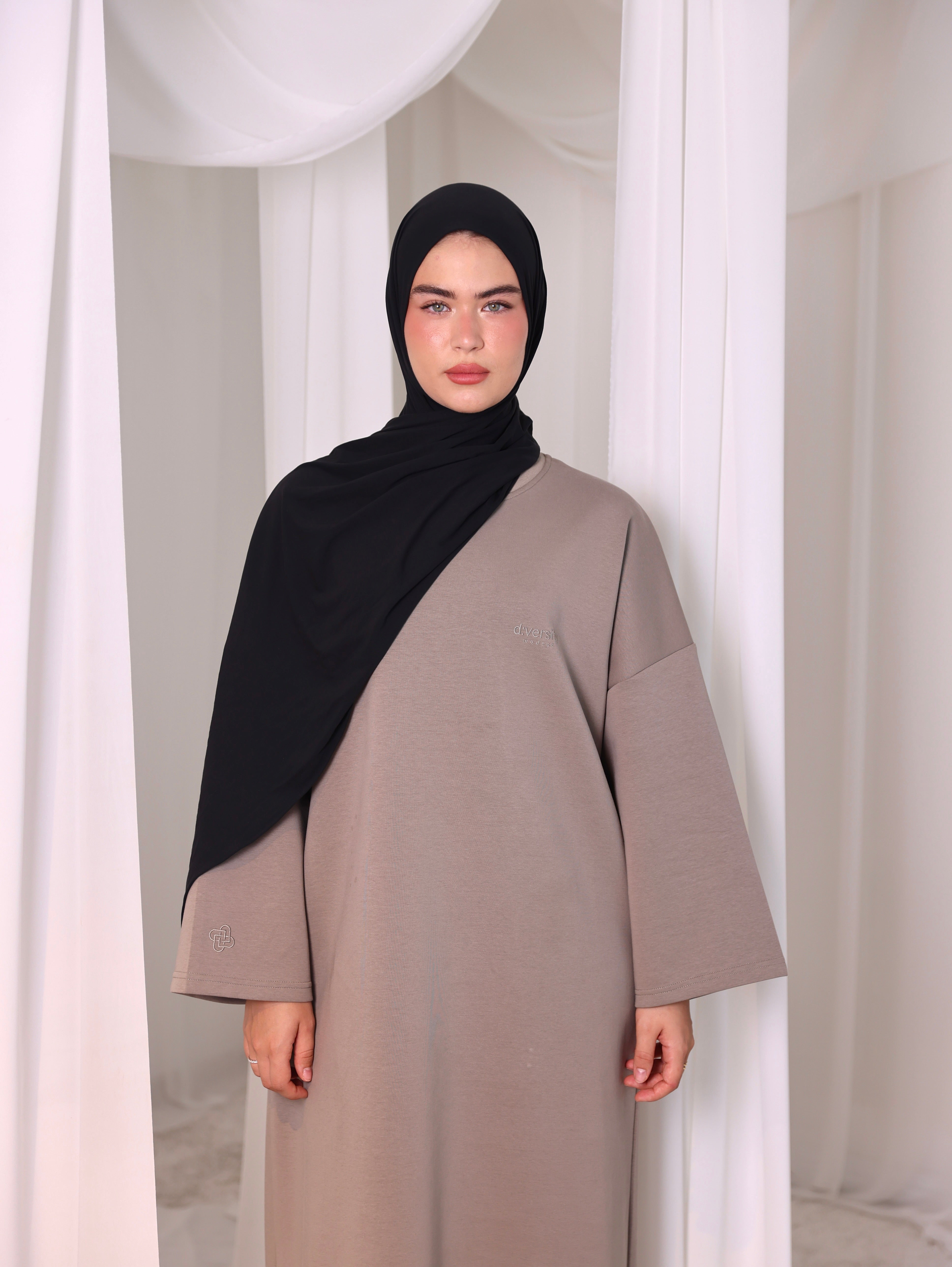 The Comfy Dress in Khaki, worn