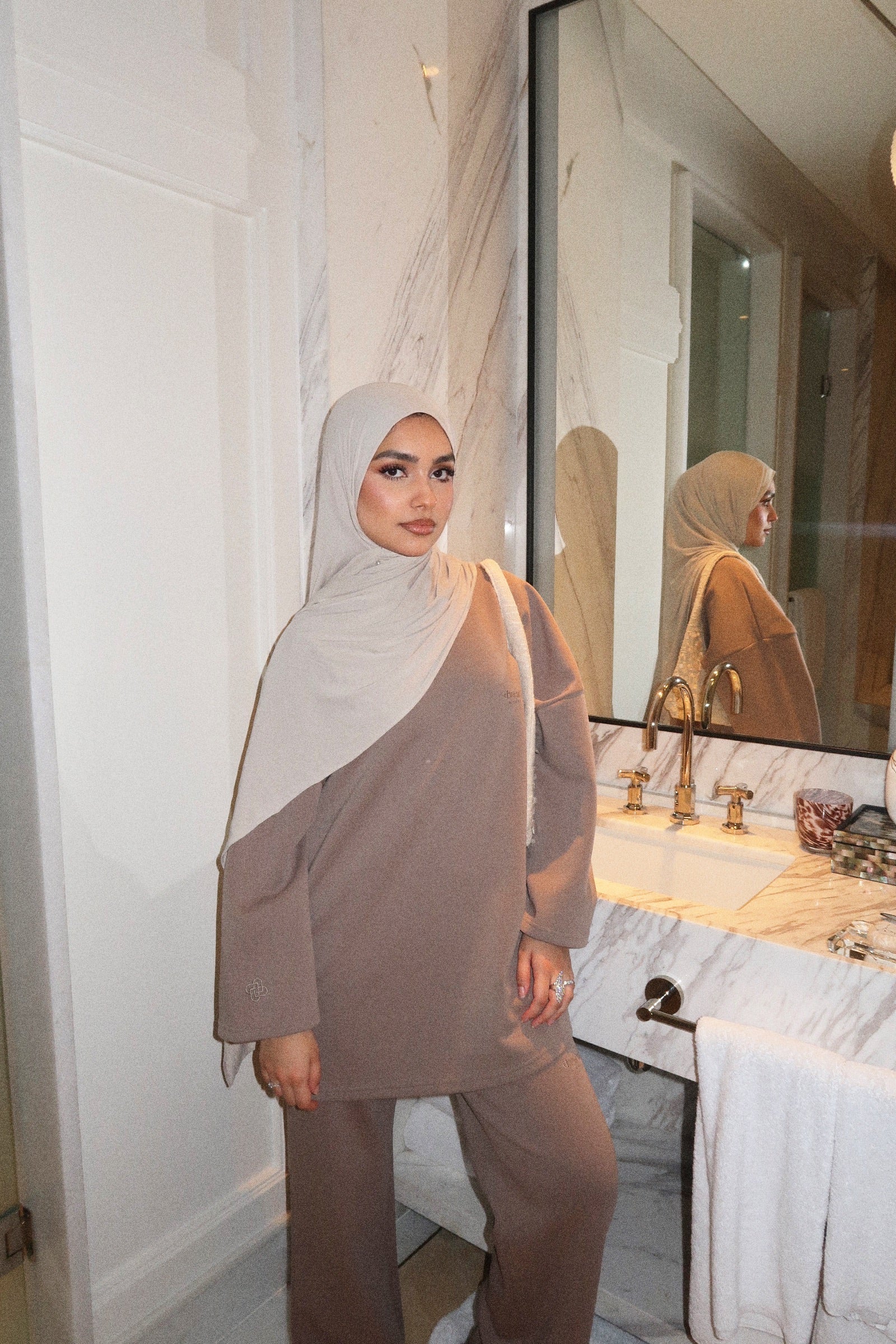 The Comfy Shirt and Pants in Khaki, worn with an Airy Jersey Scarf in Sand Stone